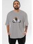 Teddy Bear Ride Ön Baskılı Gri Oversize T-Shirt Unisex Erkek Kadın Bisiklet Yaka 1