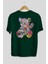 Flowers Bear Arka Baskılı Zümrüt Yeşili Oversize T-Shirt Unisex Erkek Kadın Bisiklet Yaka 2