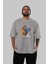 Teddy Bear Breakdance Ön Baskılı Gri Oversize T-Shirt Unisex Erkek Kadın Bisiklet Yaka 5