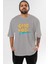 Good Vibes Ön Baskılı Gri Oversize T-Shirt Unisex Erkek Kadın Bisiklet Yaka 1