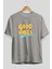 Good Vibes Ön Baskılı Gri Oversize T-Shirt Unisex Erkek Kadın Bisiklet Yaka 2