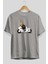 Teddy Bear Ride Ön Baskılı Gri Oversize T-Shirt Unisex Erkek Kadın Bisiklet Yaka 2