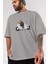 Teddy Bear Ride Ön Baskılı Gri Oversize T-Shirt Unisex Erkek Kadın Bisiklet Yaka 3