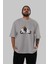 Teddy Bear Ride Ön Baskılı Gri Oversize T-Shirt Unisex Erkek Kadın Bisiklet Yaka 5