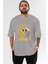 Smile Yazılı Ön Baskılı Gri Oversize T-Shirt Unisex Erkek Kadın Bisiklet Yaka 1