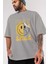 Smile Yazılı Ön Baskılı Gri Oversize T-Shirt Unisex Erkek Kadın Bisiklet Yaka 3