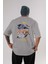 Retro Design Arka Baskılı Gri Oversize T-Shirt Unisex Erkek Kadın Bisiklet Yaka 1