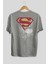 Superman Arka Baskılı Gri Oversize T-Shirt Bisiklet Yaka Pamuk Erkek Kadın 2