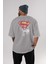 Superman Arka Baskılı Gri Oversize T-Shirt Bisiklet Yaka Pamuk Erkek Kadın 4
