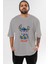 Stitch Ön Baskılı Gri Oversize T-Shirt Bisiklet Yaka Pamuk Erkek Kadın 1