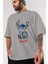 Stitch Ön Baskılı Gri Oversize T-Shirt Bisiklet Yaka Pamuk Erkek Kadın 3