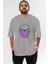 Cat Music Ön Baskılı Gri Oversize T-Shirt Unisex Erkek Kadın Bisiklet Yaka 1