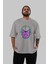 Cat Music Ön Baskılı Gri Oversize T-Shirt Unisex Erkek Kadın Bisiklet Yaka 5