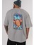 Franky Arka Baskılı Gri Oversize T-Shirt Unisex Erkek Kadın Bisiklet Yaka 5