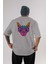 Black Neon Cat Arka Baskılı Gri Oversize T-Shirt Unisex Erkek Kadın Bisiklet Yaka 1