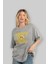 Happy Smile Yazılı Ön Baskılı Gri Oversize T-Shirt Unisex Erkek Kadın Bisiklet Yaka 4