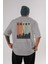 Enjoy New York Yazılı Arka Baskılı Gri Oversize T-Shirt Unisex Erkek Kadın Bisiklet Yaka 1