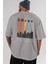 Enjoy New York Yazılı Arka Baskılı Gri Oversize T-Shirt Unisex Erkek Kadın Bisiklet Yaka 5