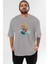 Teddy Bear Splash Up Ön Baskılı Gri Oversize T-Shirt Unisex Erkek Kadın Bisiklet Yaka 1