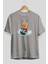 Teddy Bear Splash Up Ön Baskılı Gri Oversize T-Shirt Unisex Erkek Kadın Bisiklet Yaka 2