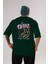 On Fire Bear Arka Baskılı Zümrüt Yeşili Oversize T-Shirt Erkek Kadın Bisiklet Yaka 1
