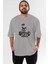 Teddy Bear Lift Weights Ön Baskılı Gri Oversize T-Shirt Unisex Erkek Kadın Bisiklet Yaka 1