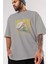 Love Birds Yazılı Ön Baskılı Gri Oversize T-Shirt Unisex Erkek Kadın Bisiklet Yaka 3