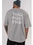 Yeah What Ever Yazılı Arka Baskılı Gri Oversize T-Shirt Unisex Erkek Kadın Bisiklet Yaka 5