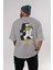 Zero Funk Given Bear Arka Baskılı Gri Oversize T-Shirt Unisex Erkek Kadın Bisiklet Yaka 4