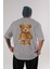 Teddy Bear Censored Arka Baskılı Gri Oversize T-Shirt Unisex Erkek Kadın Bisiklet Yaka 1