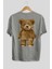 Teddy Bear Censored Arka Baskılı Gri Oversize T-Shirt Unisex Erkek Kadın Bisiklet Yaka 2