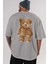 Teddy Bear Censored Arka Baskılı Gri Oversize T-Shirt Unisex Erkek Kadın Bisiklet Yaka 5