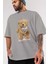 Teddy Bear Dress Up Ön Baskılı Gri Oversize T-Shirt Unisex Erkek Kadın Bisiklet Yaka 3