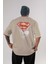 Superman Arka Baskılı Bej Oversize T-Shirt Bisiklet Yaka Pamuk Erkek Kadın 1