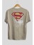 Superman Arka Baskılı Bej Oversize T-Shirt Bisiklet Yaka Pamuk Erkek Kadın 2