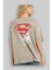 Superman Arka Baskılı Bej Oversize T-Shirt Bisiklet Yaka Pamuk Erkek Kadın 3