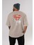 Superman Arka Baskılı Bej Oversize T-Shirt Bisiklet Yaka Pamuk Erkek Kadın 4