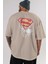 Superman Arka Baskılı Bej Oversize T-Shirt Bisiklet Yaka Pamuk Erkek Kadın 5