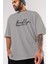 Brooklyn Denim Ön Baskılı Gri Oversize T-Shirt Unisex Erkek Kadın Bisiklet Yaka 3