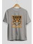 Tiger Ön Baskılı Gri Oversize T-Shirt Unisex Erkek Kadın Bisiklet Yaka 2