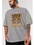 Tiger Ön Baskılı Gri Oversize T-Shirt Unisex Erkek Kadın Bisiklet Yaka 3