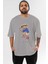 Teddy Bear Play Hard Ön Baskılı Gri Oversize T-Shirt Unisex Erkek Kadın Bisiklet Yaka 1