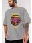 Cat Retro Vibes Ön Baskılı Gri Oversize T-Shirt Unisex Erkek Kadın Bisiklet Yaka 3