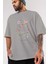Teddy Bear Flowers Ön Baskılı Gri Oversize T-Shirt Unisex Erkek Kadın Bisiklet Yaka 3