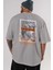 Brooklyn Street Arka Baskılı Gri Oversize T-Shirt Unisex Erkek Kadın Bisiklet Yaka 5