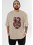 Trıbal Anime Ön Baskılı Bej Oversize T-Shirt Erkek Kadın 1