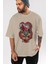 Trıbal Anime Ön Baskılı Bej Oversize T-Shirt Erkek Kadın 5