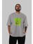 Boo Bear Ön Baskılı Gri Oversize T-Shirt Unisex Erkek Kadın Bisiklet Yaka 5