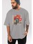 Ronin Ön Baskılı Gri Oversize T-Shirt Unisex Erkek Kadın Bisiklet Yaka 5