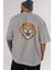 Aggressive Lion Arka Baskılı Gri Oversize T-Shirt Unisex Erkek Kadın Bisiklet Yaka 5